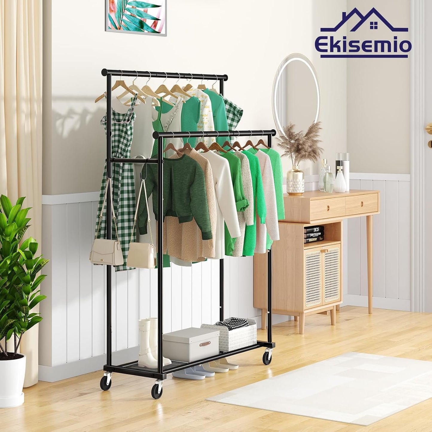 Perchero doble con ruedas 45" para ropa resistente negro