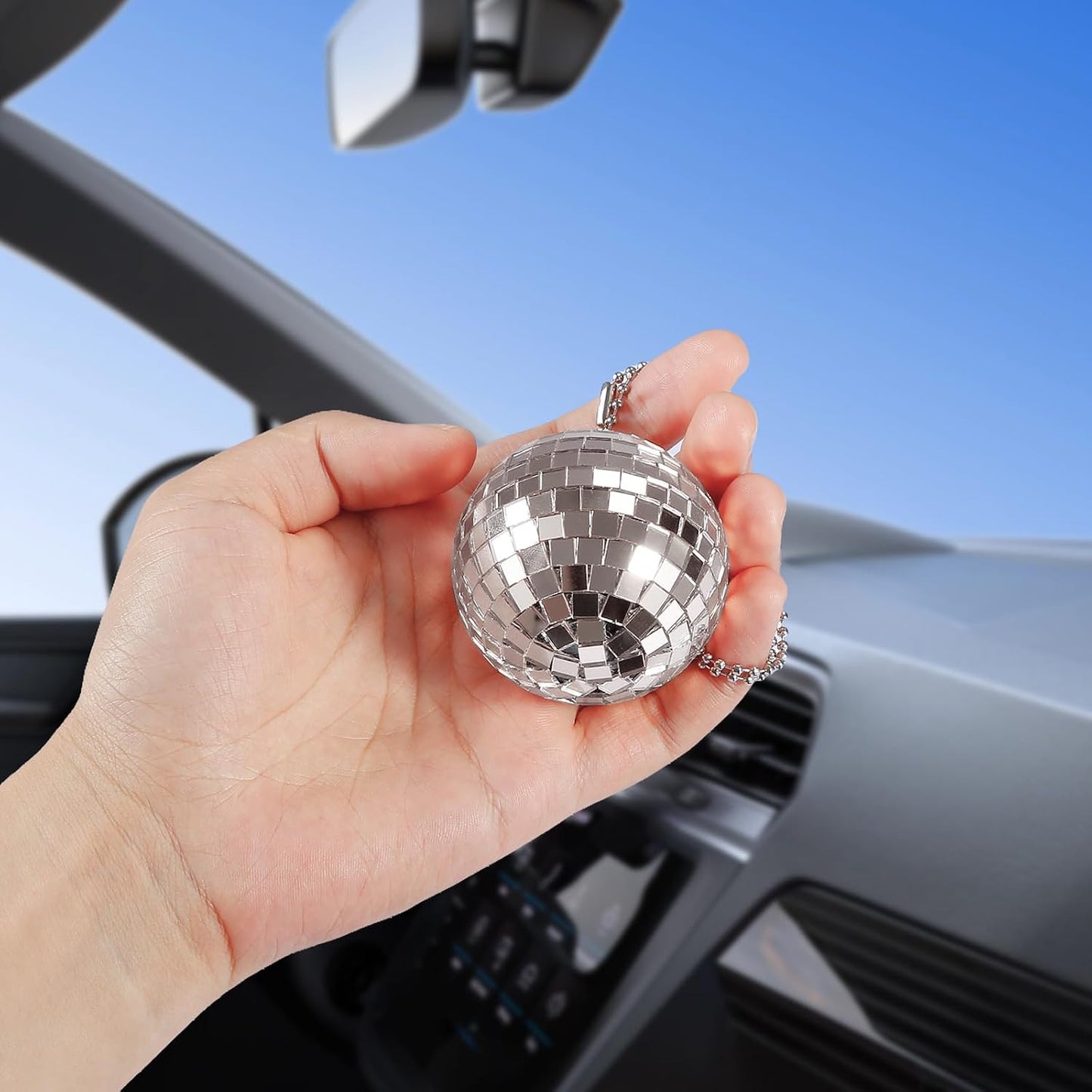 Percha espejo coche discoteca colgante bola plateado