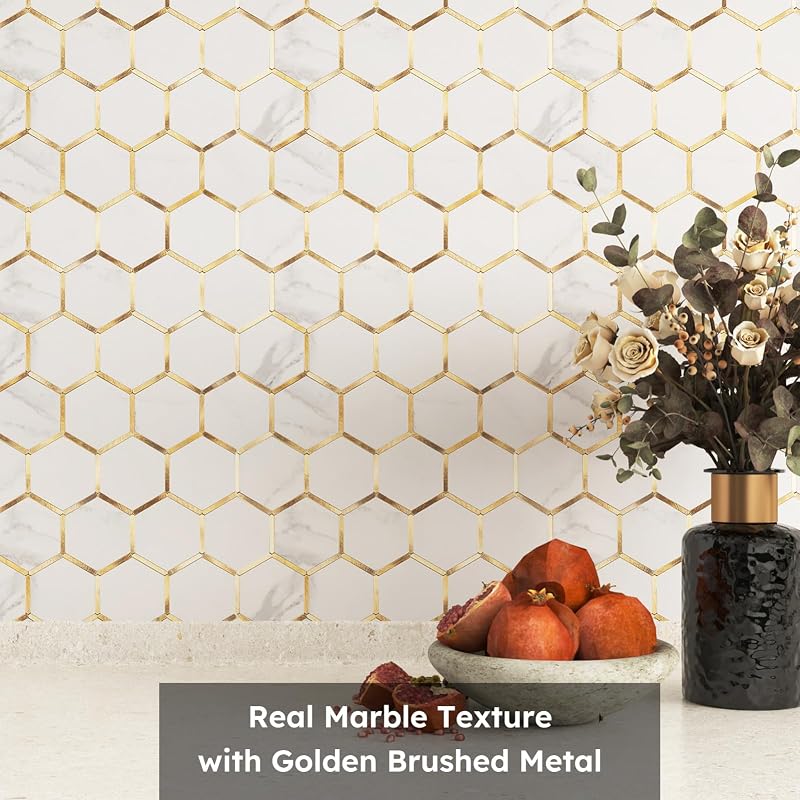 Azulejo PVC hexagonal mármol tira dorada cocina baño 5 Pzas