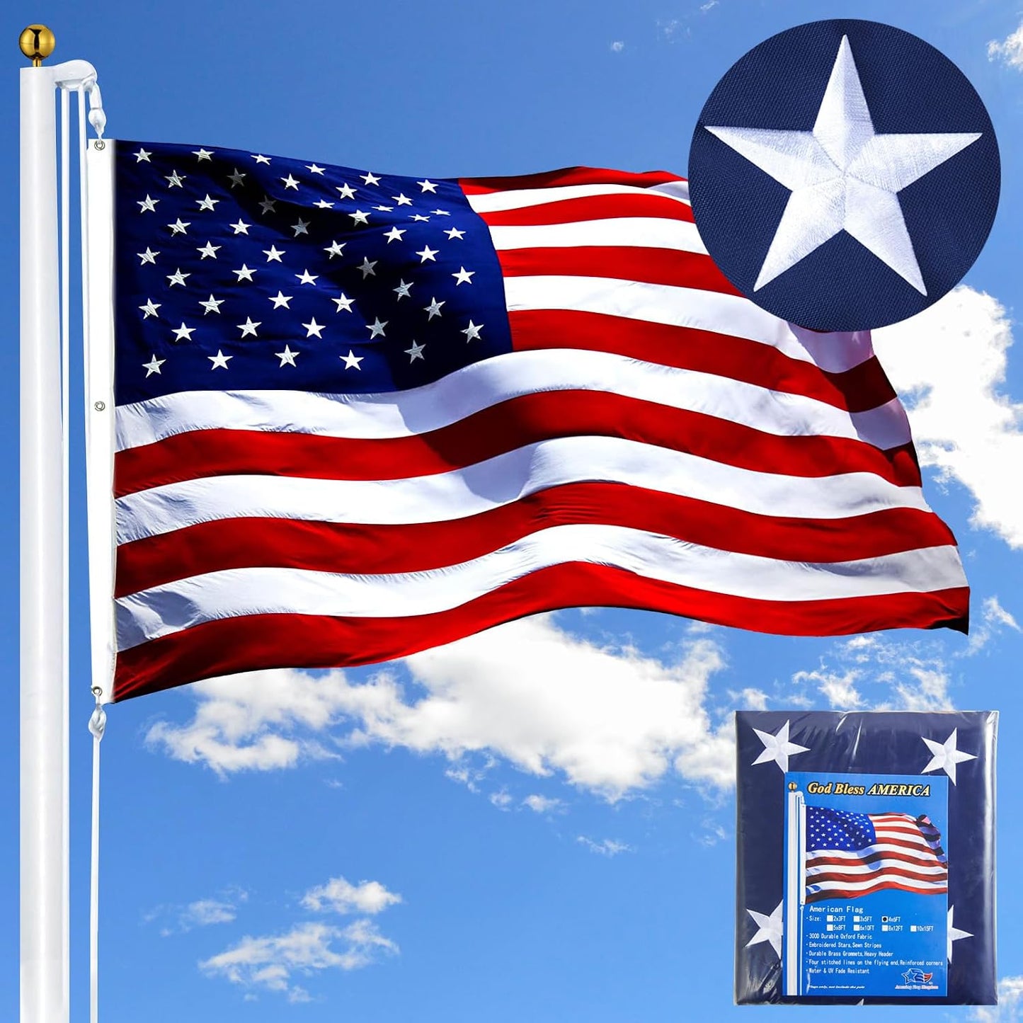Bandera USA 4x6" nailon 300D estrellas bordadas