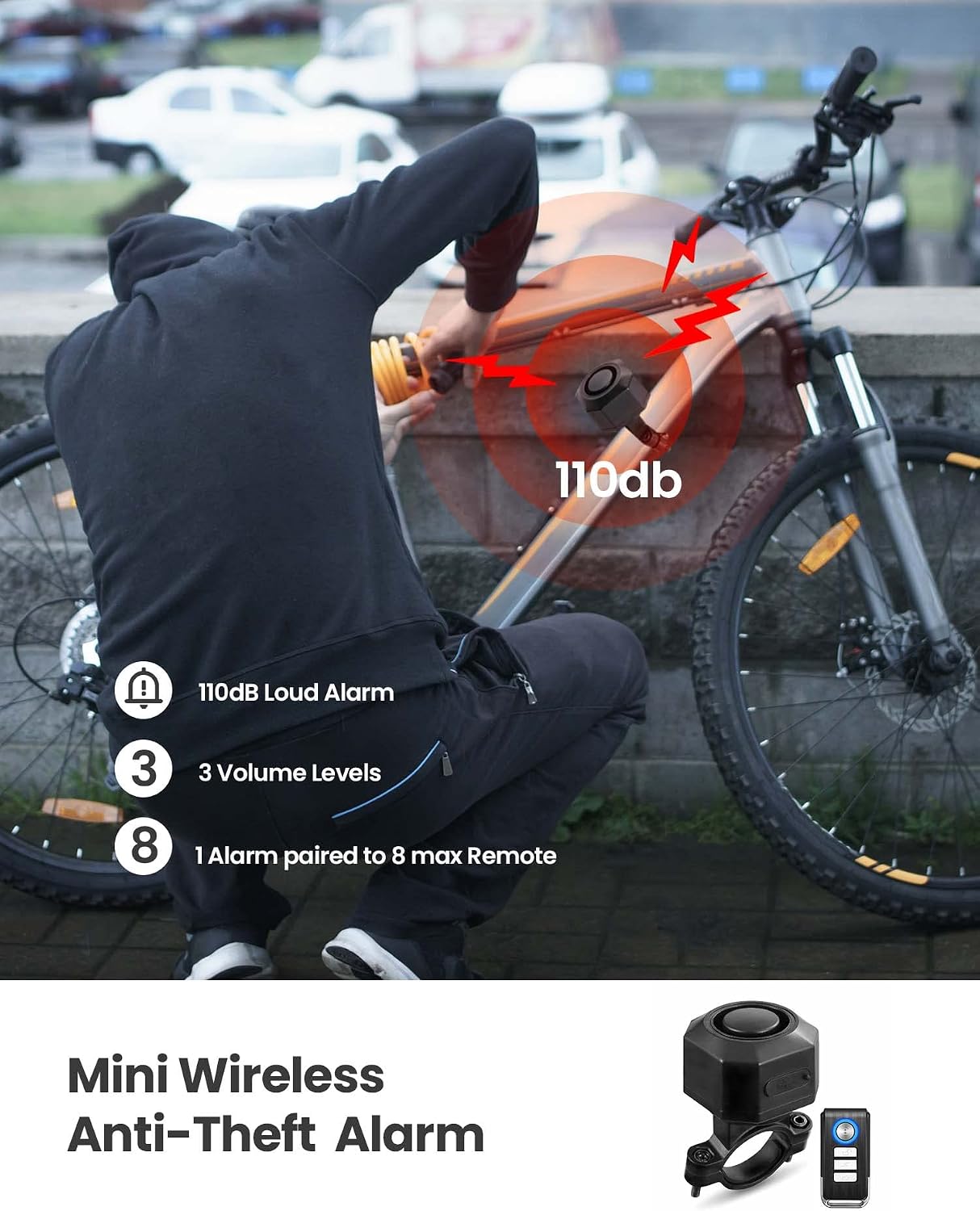 Alarma bicicleta inalámbrica 110db antirrobo USB-C
