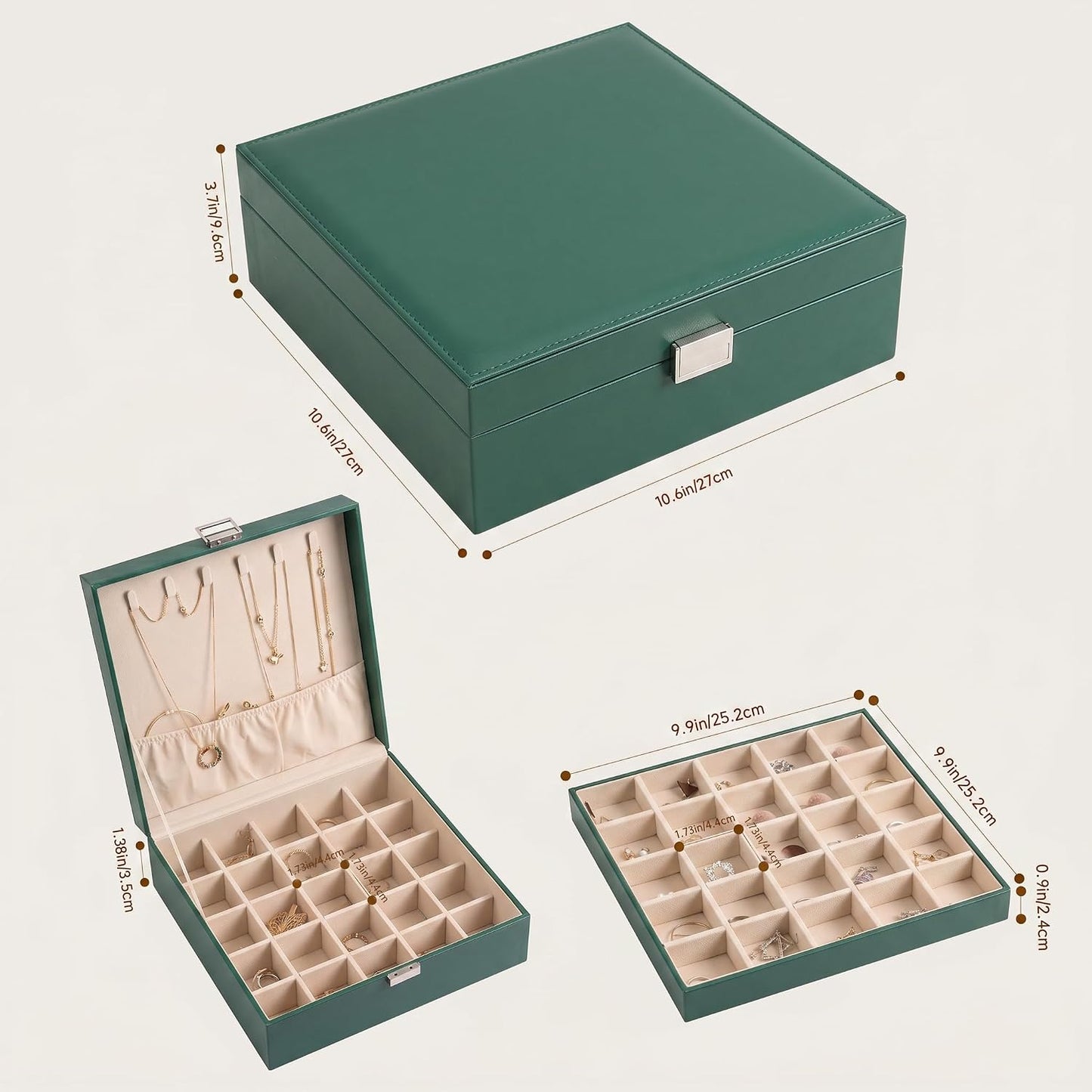 Organiz. aretes joyero 50 ranuras doble capa 6 ganchos verde