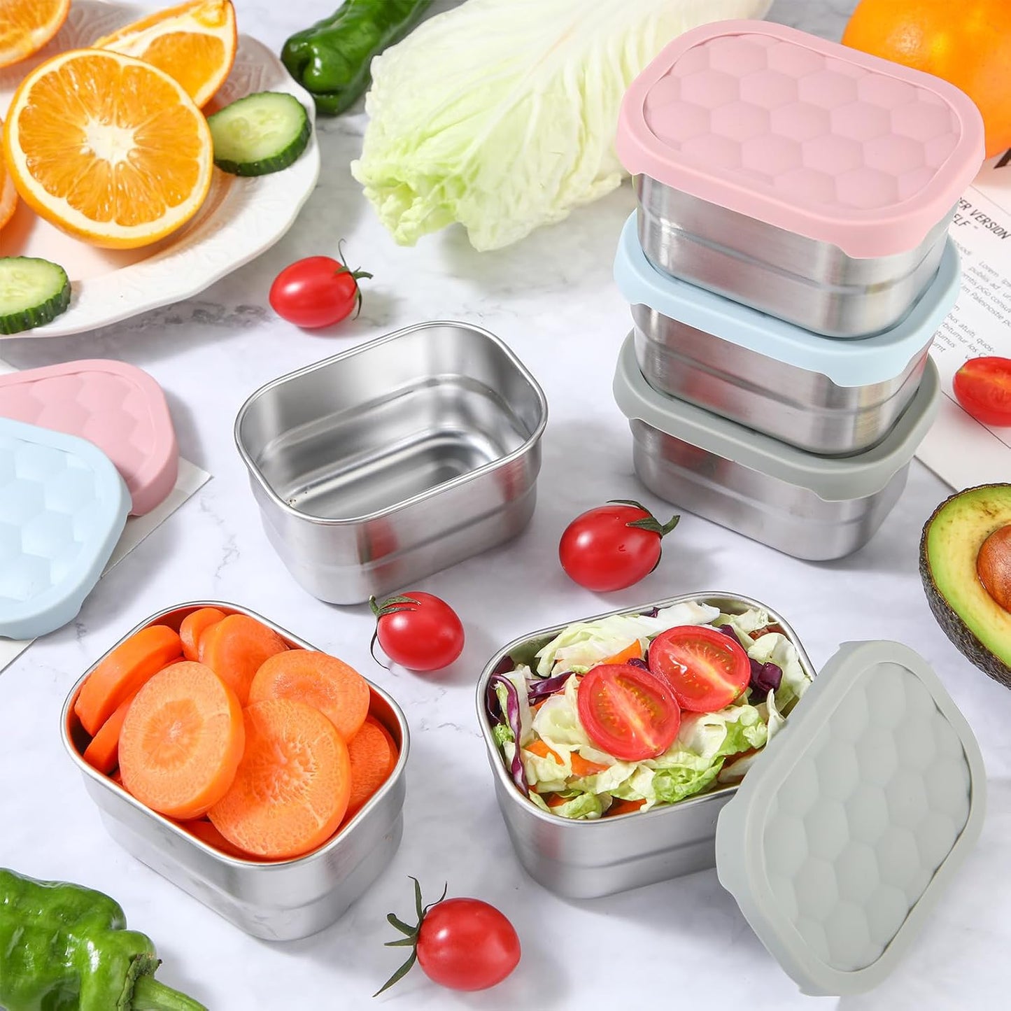 6 Recipientes Acero Inox 8oz con Tapas Silicona para Niños