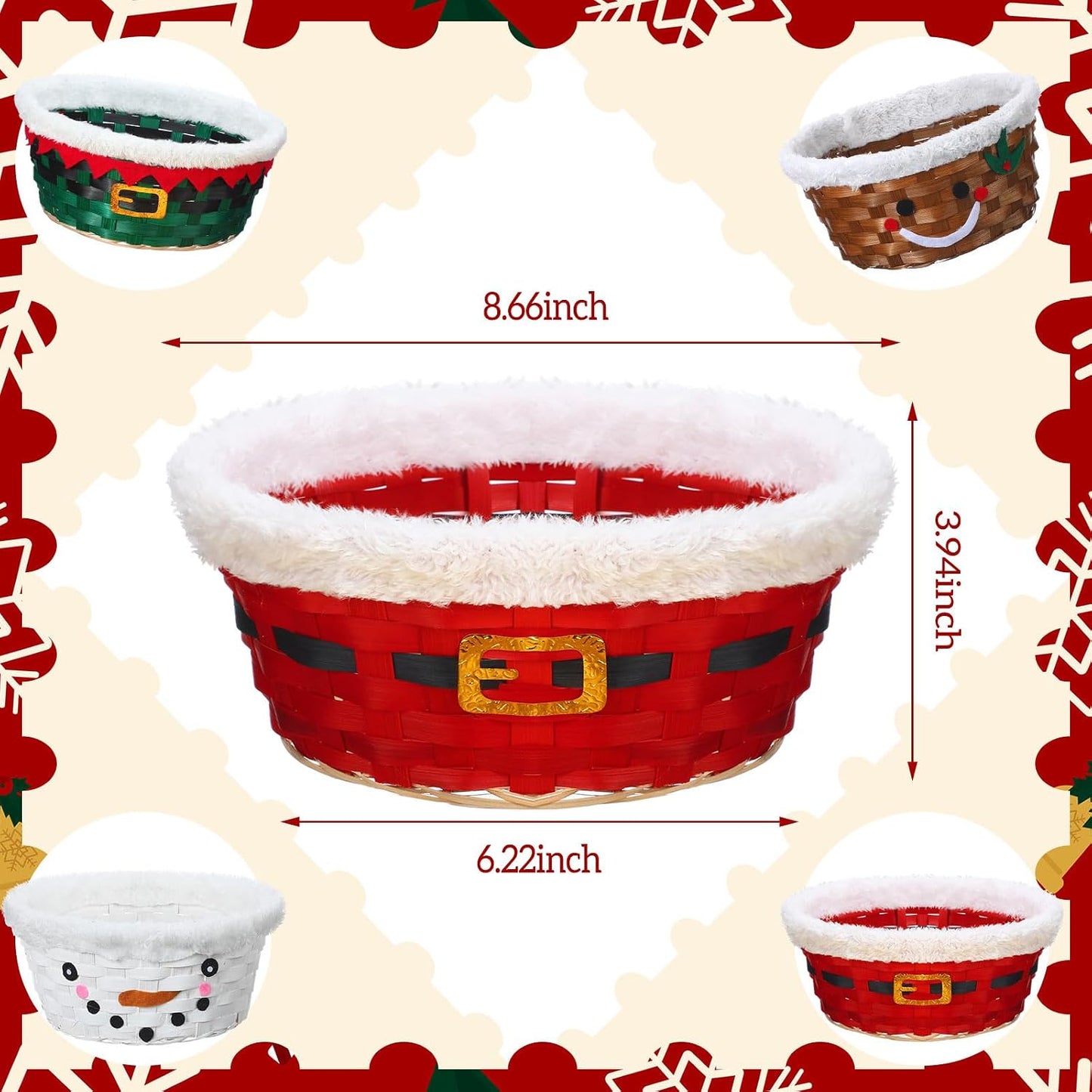 4 Pzas Cesta Bambú Navideña para Regalos Snacks
