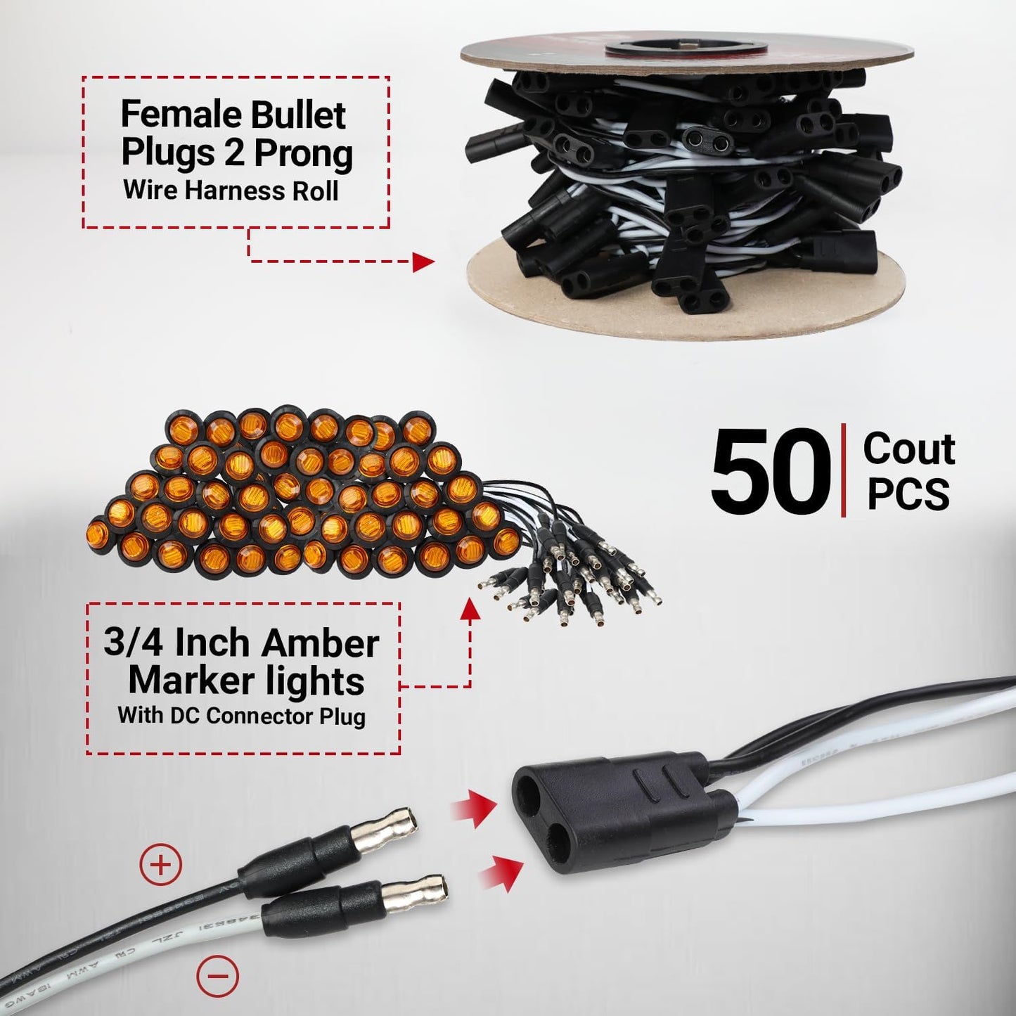 50 Luces Ámbar 3/4" Conector 2 Pines Camión RV