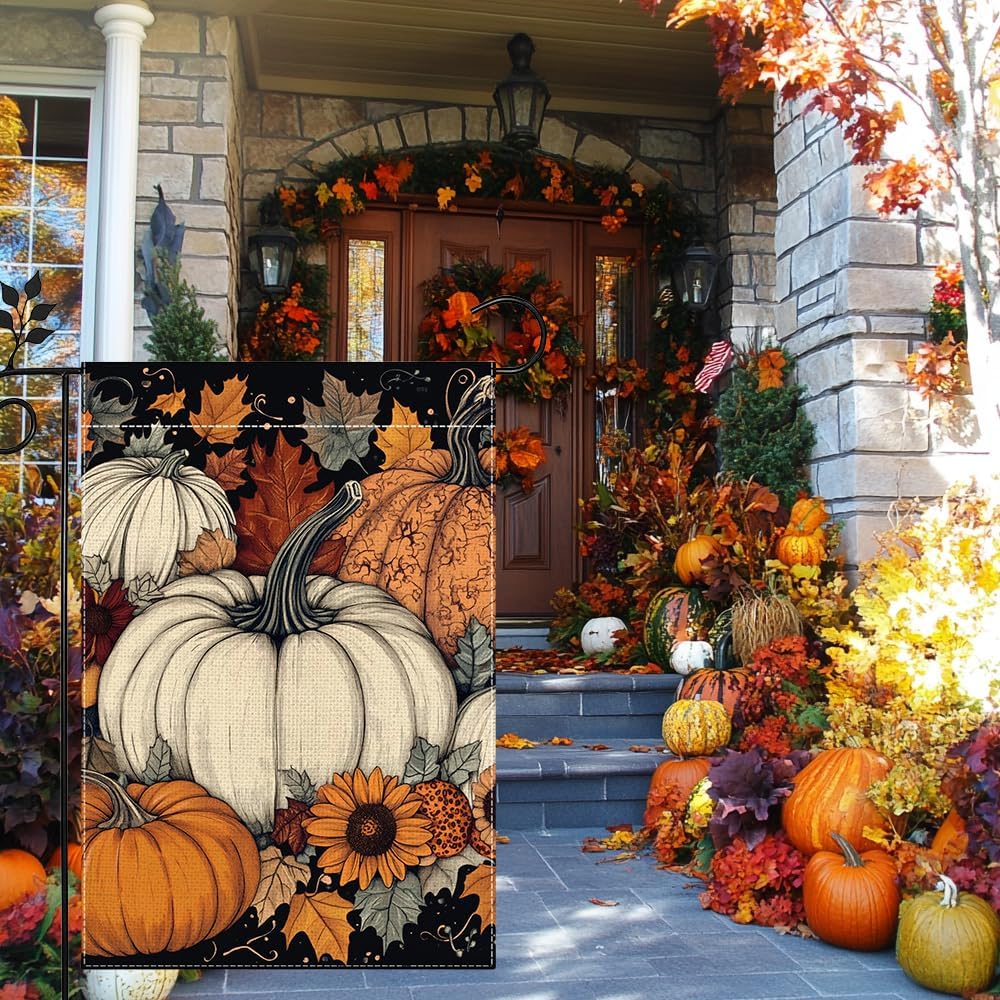 Bandera jardín calabaza otoño 12x18pulg arpillera doble cara