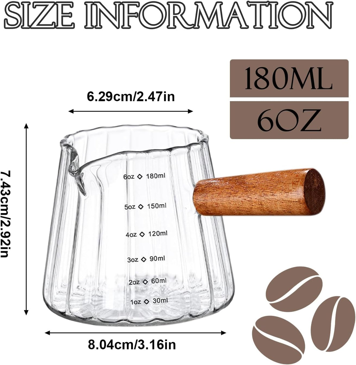 Taza medidora de café expreso con mango de madera 6 oz jarra de espuma de leche de vidrio borosilicato doble escala boquilla en V