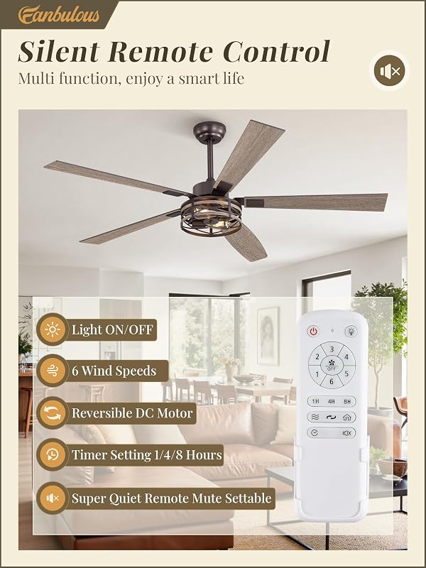 Ventilador techo 60" 6 velocidades luz motor CC