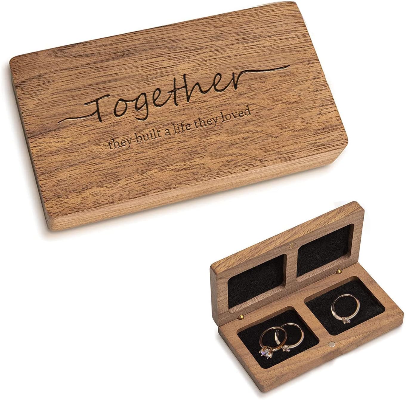 Caja doble anillo madera grabado bodas propuesta