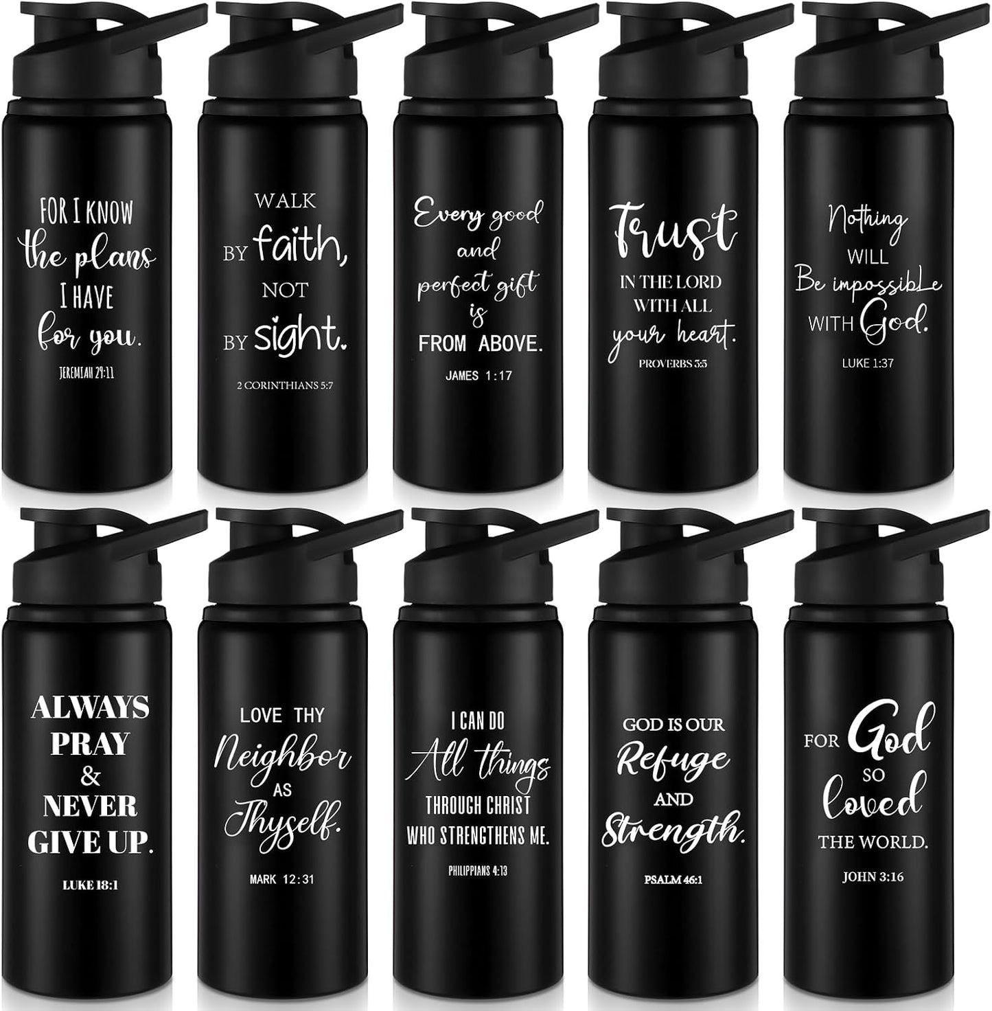 10 Botellas Agua Aluminio Cristianas 20oz Negro Reutiliz.