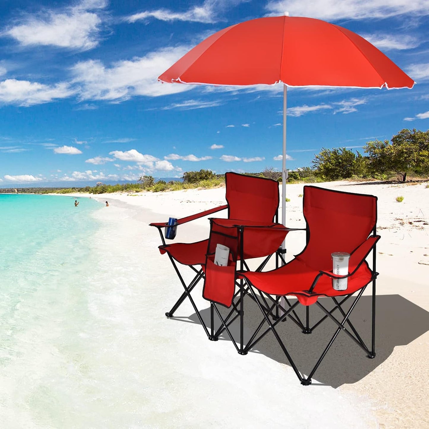 Silla campamento doble plegable con paraguas y refrigerador