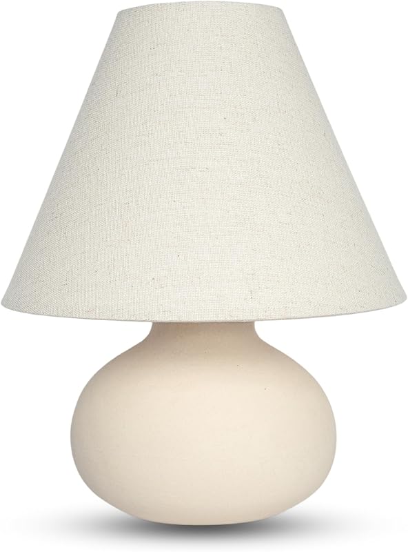 Lámpara mesa 11" base cerámica crema pantalla tela blanca