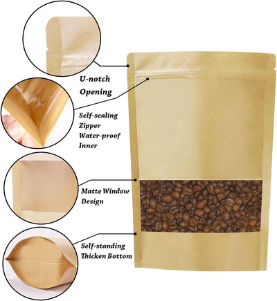 100 Bolsas Resellables Kraft con Ventana Cremallera