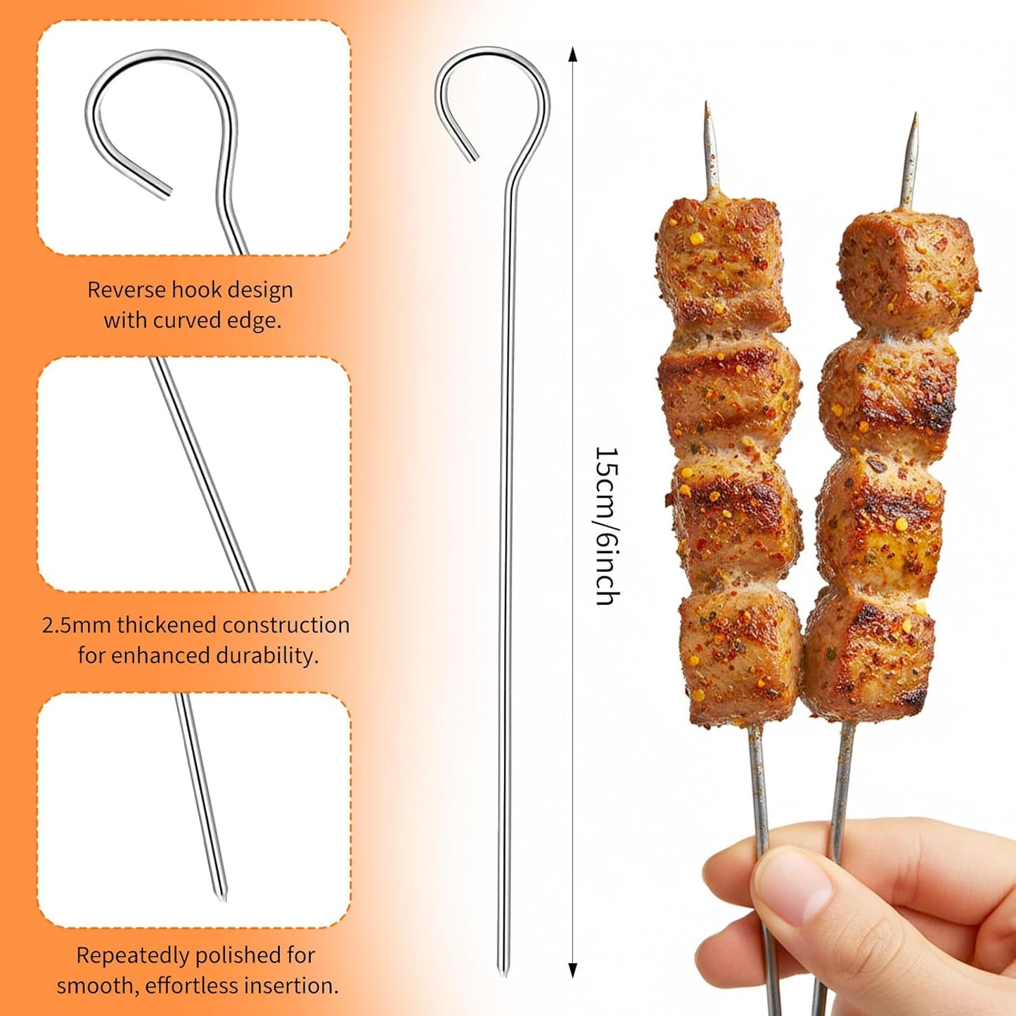 Brochetas acero inox 6pulg para pollo frutas y carne con caja