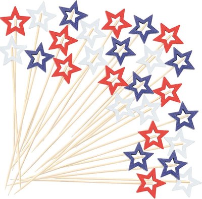 100 Palillos Cóctel Bambú Estrella Roja Blanca Azul