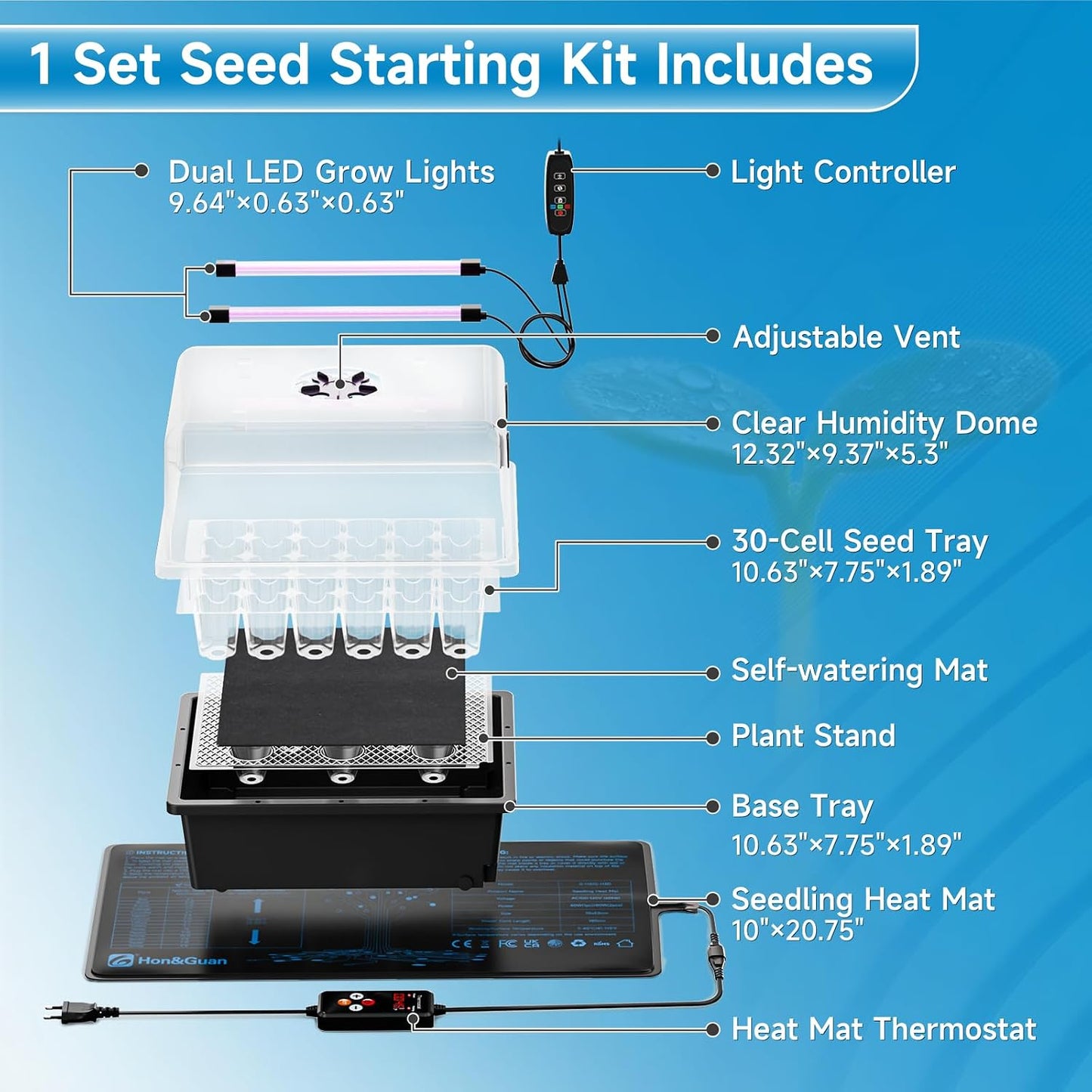 Kit 2 bandejas semillas 30 celdas cúpula humedad 5.3pulg luces LED