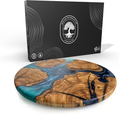 Tabla redonda madera olivo con arte resina azul