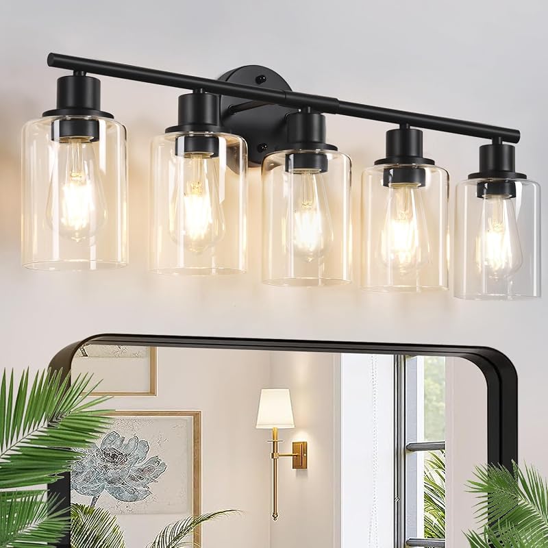 Lámpara pared baño 5 luces moderna negra vidrio transparente