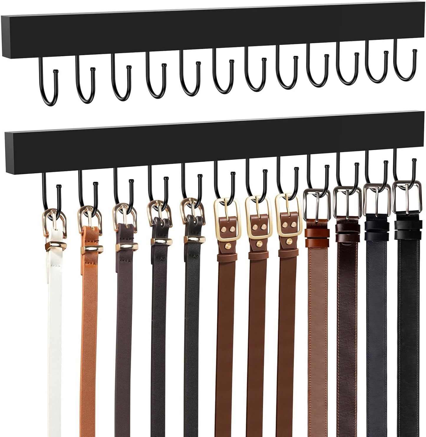 Soporte pared organiz. cinturones madera 24 ganchos metal