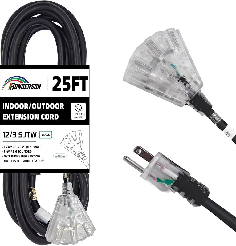 Cable extensión 3 salidas resistente 12/25 ft negro UL