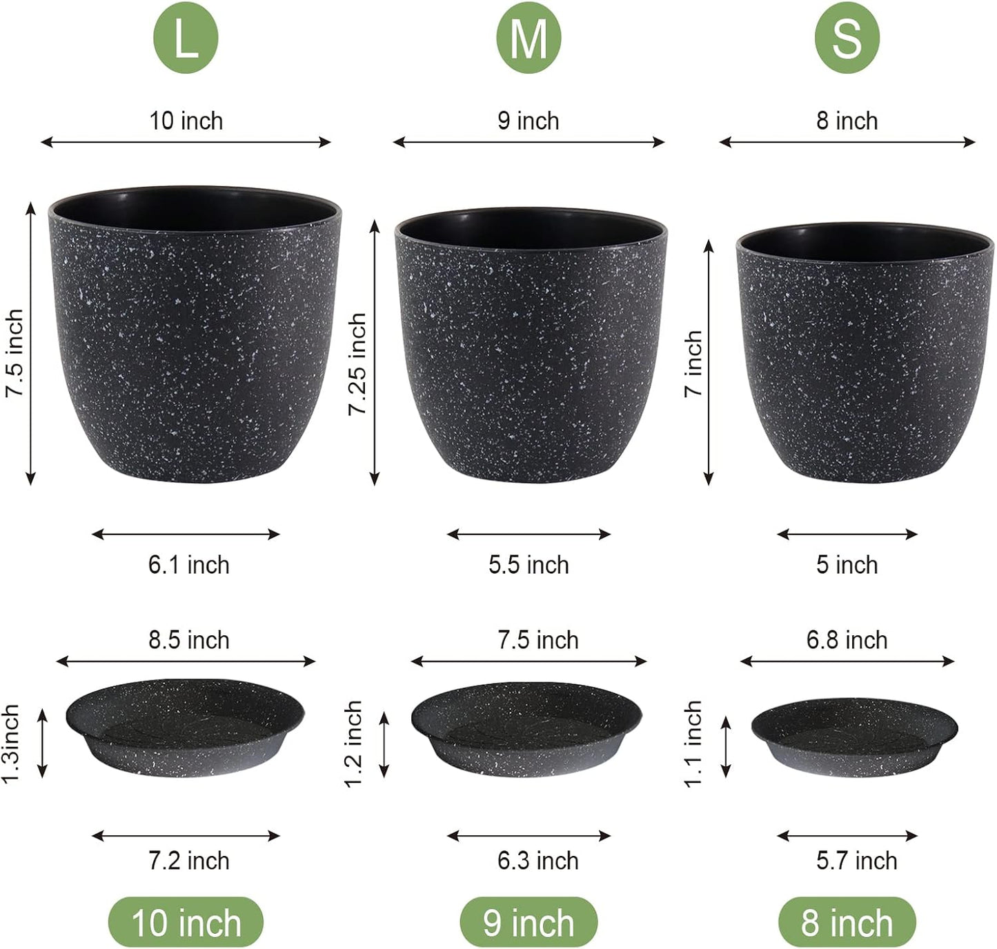 Set 3 Macetas Plástico Negro con Motas Blancas