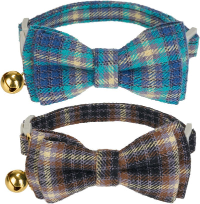 2 Collares Gato Algodón Suave con Corbata y Campana Azul Océano