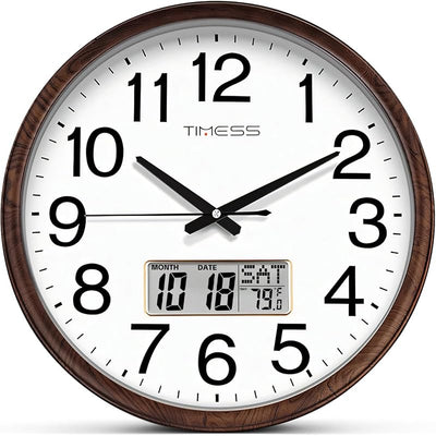 Reloj pared madera 11pulg cuarzo silencioso calendario temperatura