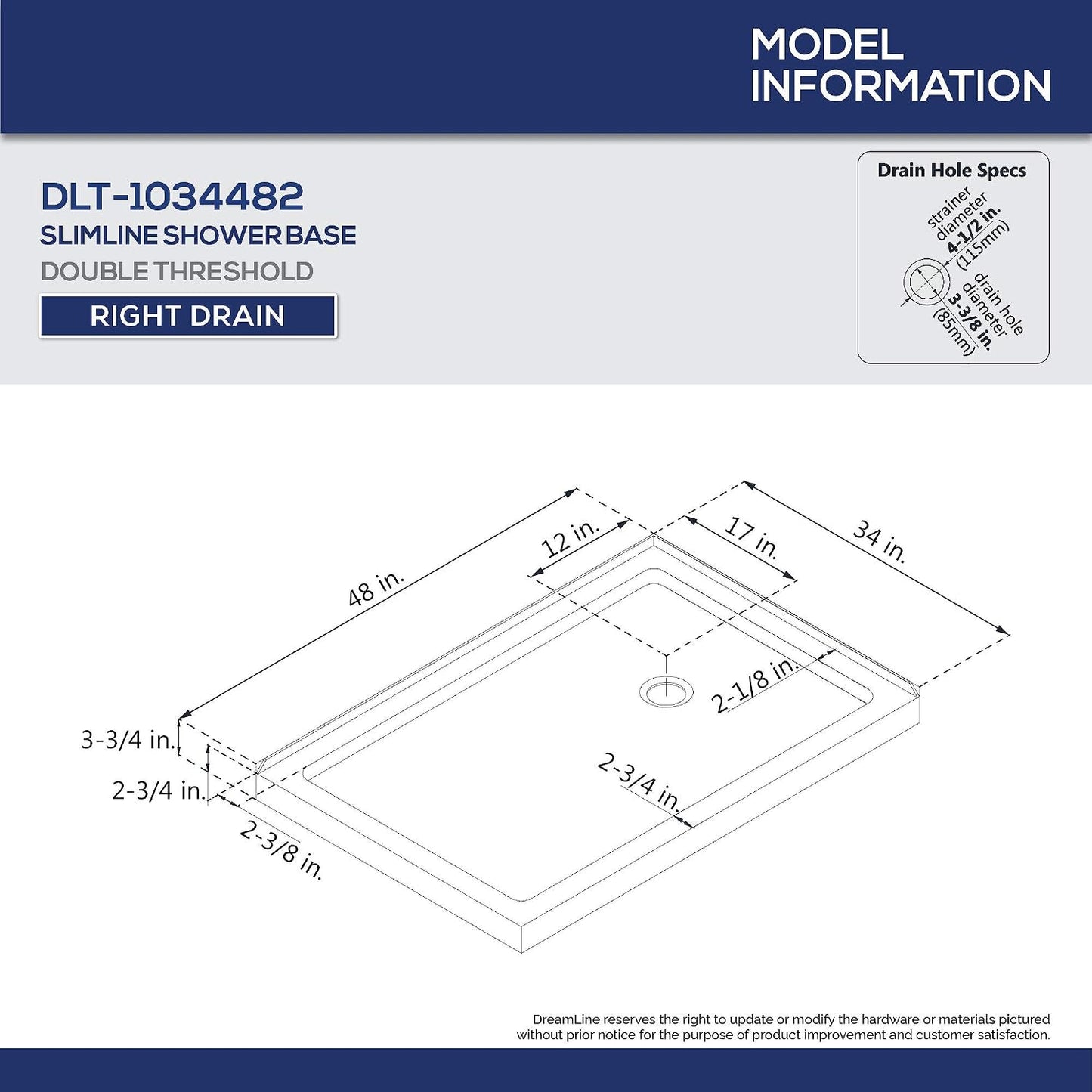 Base ducha doble umbral 34x48pulg 2 3/4pulg