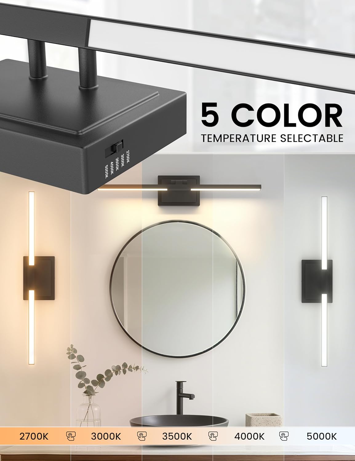 Lámpara baño moderna 24pulg LED negras sobre espejo