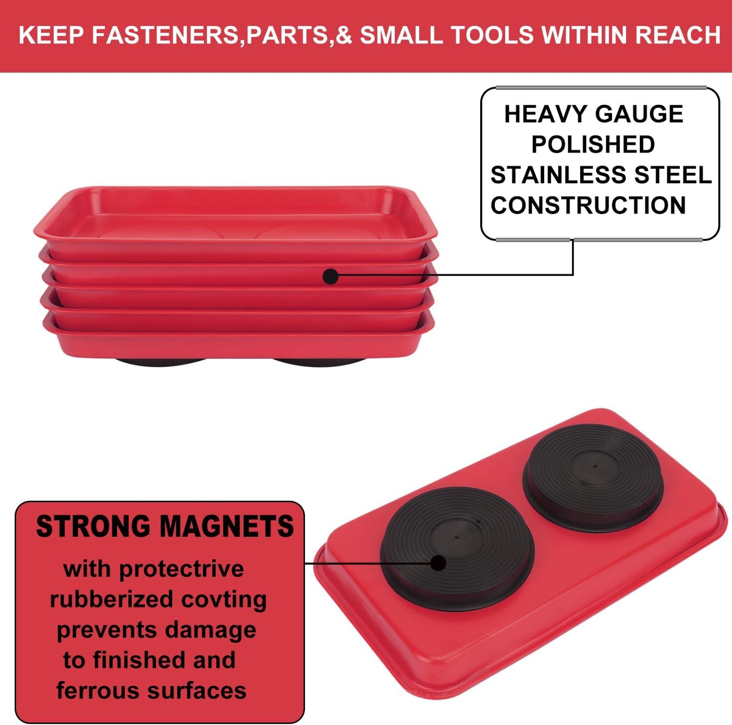 5 Bandejas Magnéticas Herramientas 9.4x5.5pulg Rojo