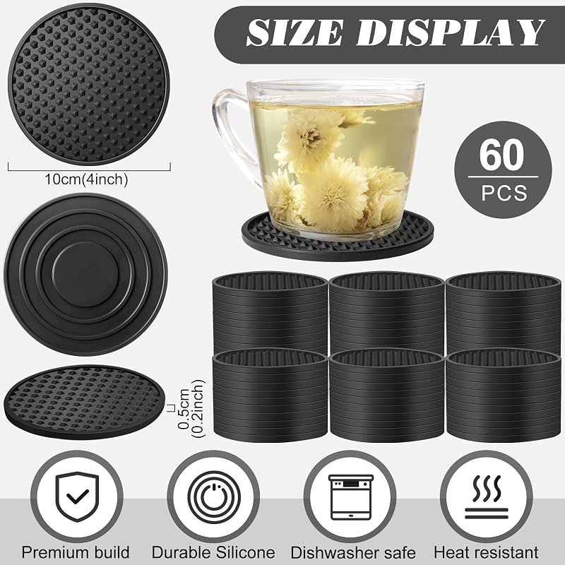 60 Posavasos Silicona Antiderrap Resistentes Calor Frío Negro