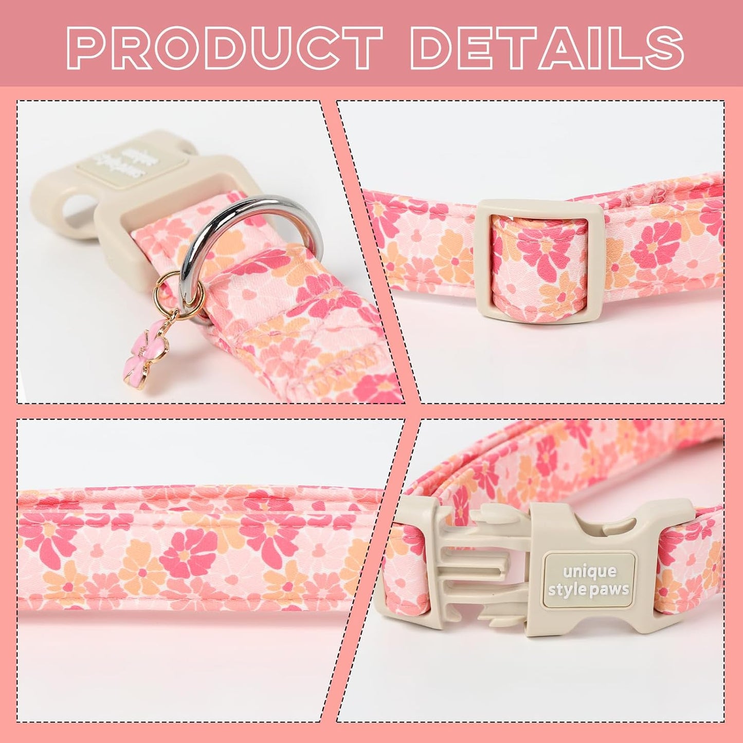 Collar perro estilo único con hebilla plástico y colgante flor rosa