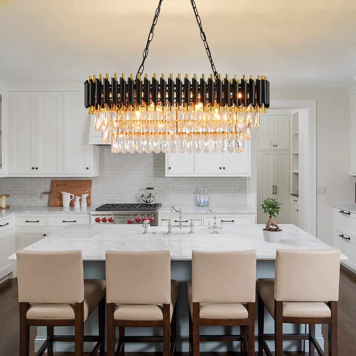 Candelabro moderno de cristal 8 luces negro y dorado 32pulg