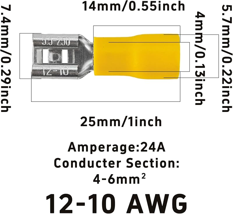100 Conectores Pala Hembra Amarillo 12-10 AWG 1/4pulg