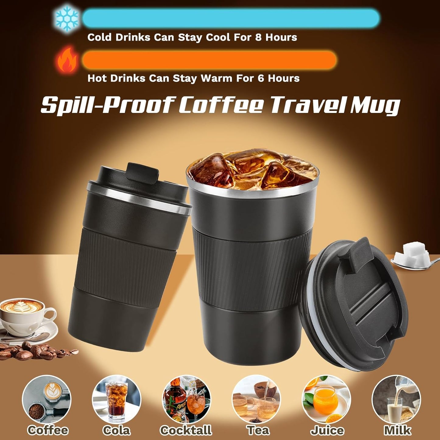 Vaso térmico acero inox con tapa reutiliz. a prueba de fugas