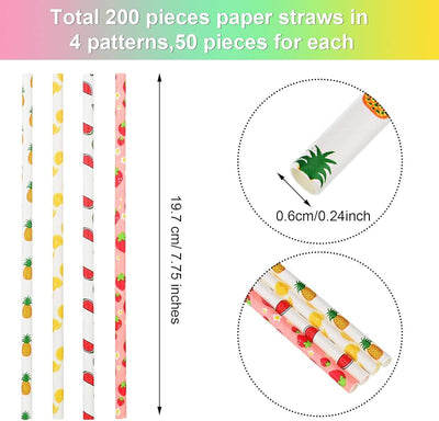 200 Pajitas Papel Estampado Fresa Piña 7.75pulg para Cóctel