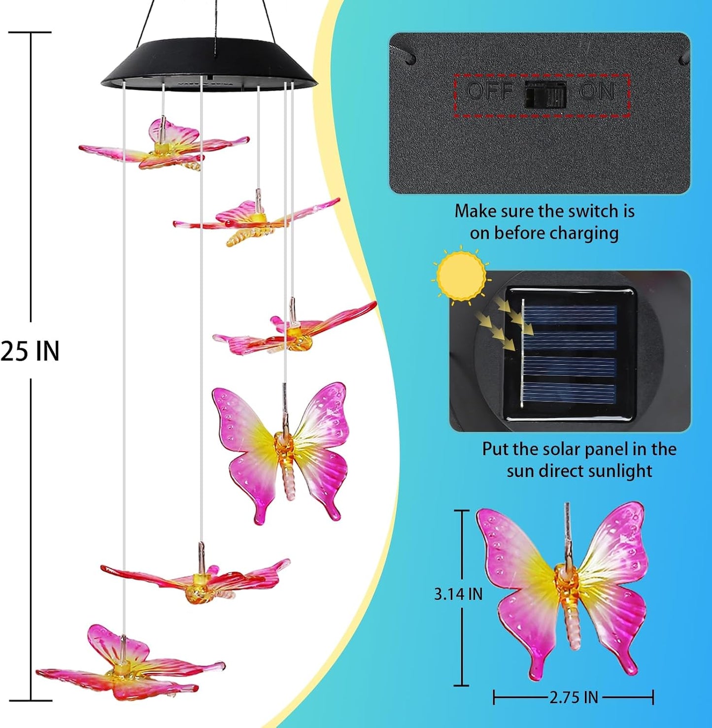 Campanilla viento solar LED 25" colgante jardín