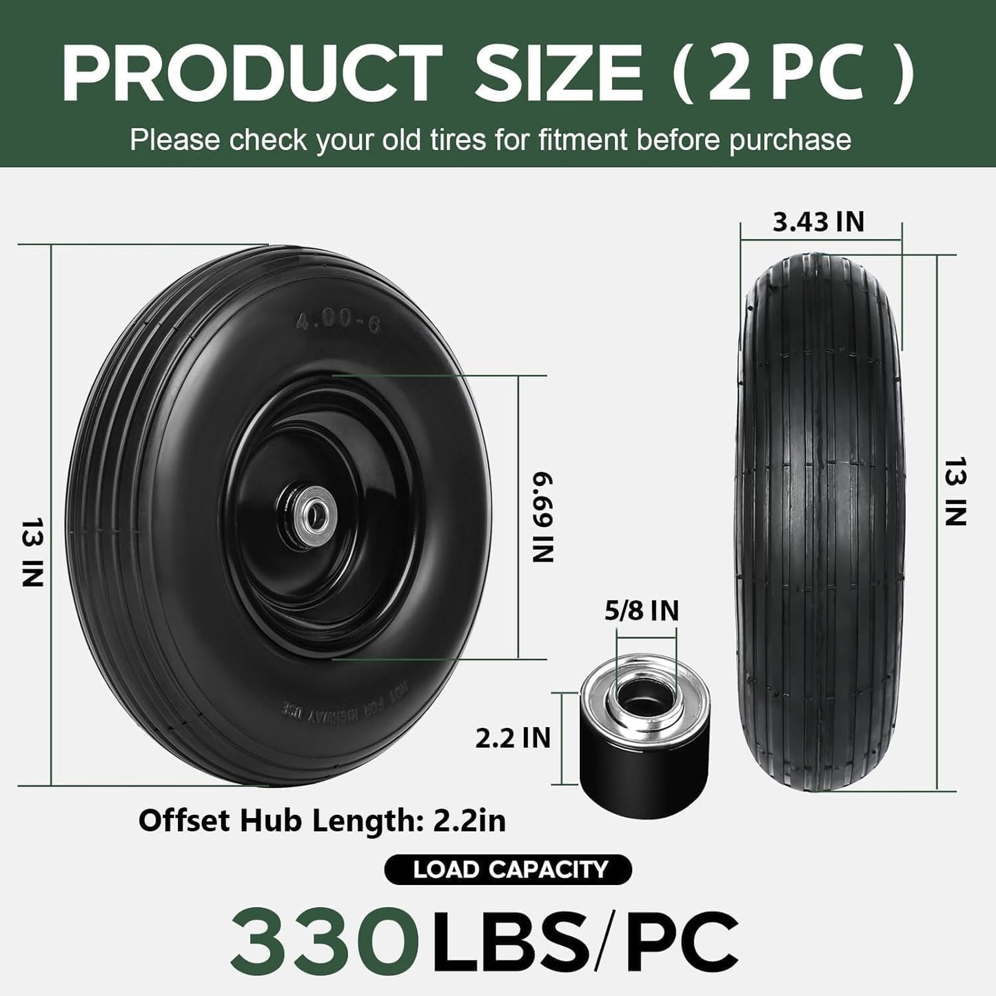 2 Ruedas sin aire 13" 4.00-6 rodamiento 5/8 cubo 2.2"