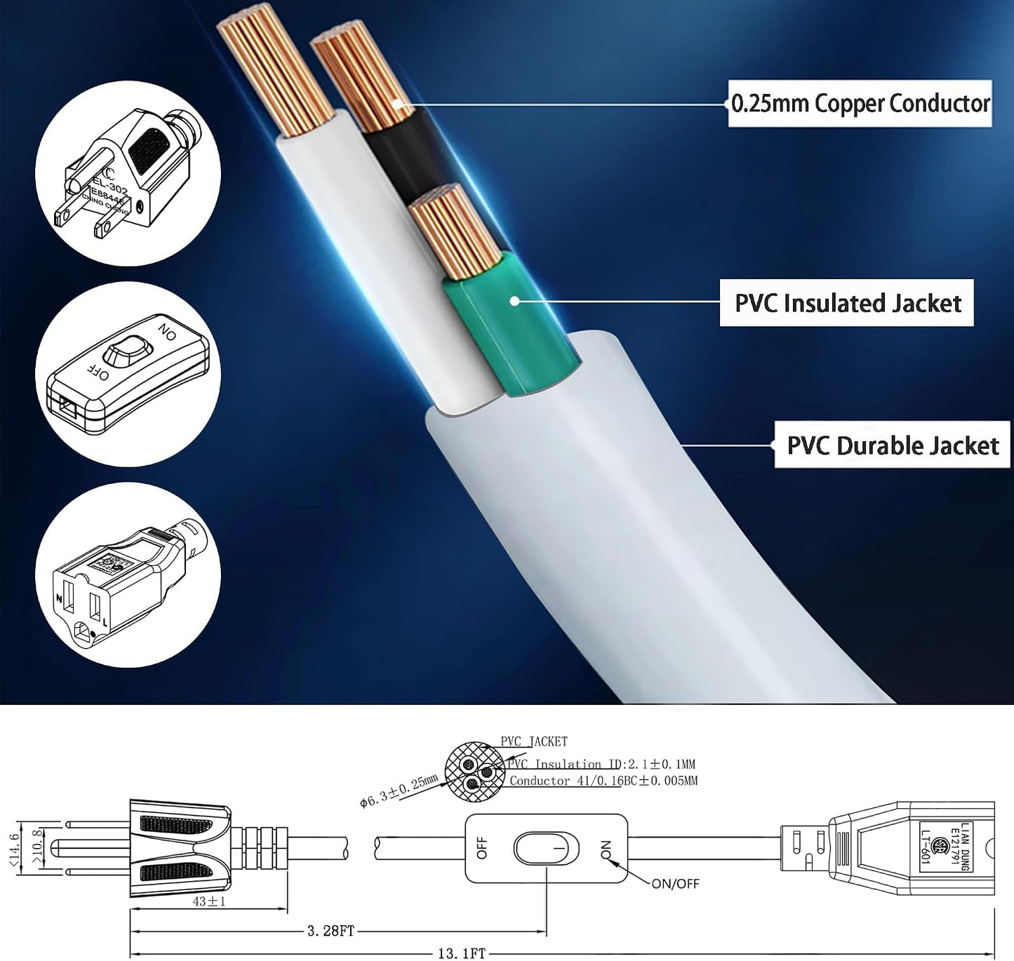 Cable extensión 13.1ft con interruptor 125v 375w cert UL