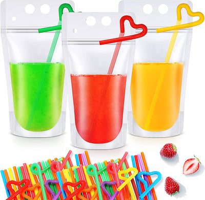 200 Bolsas Transparentes 16oz con Pajita y Cremallera para Bebidas