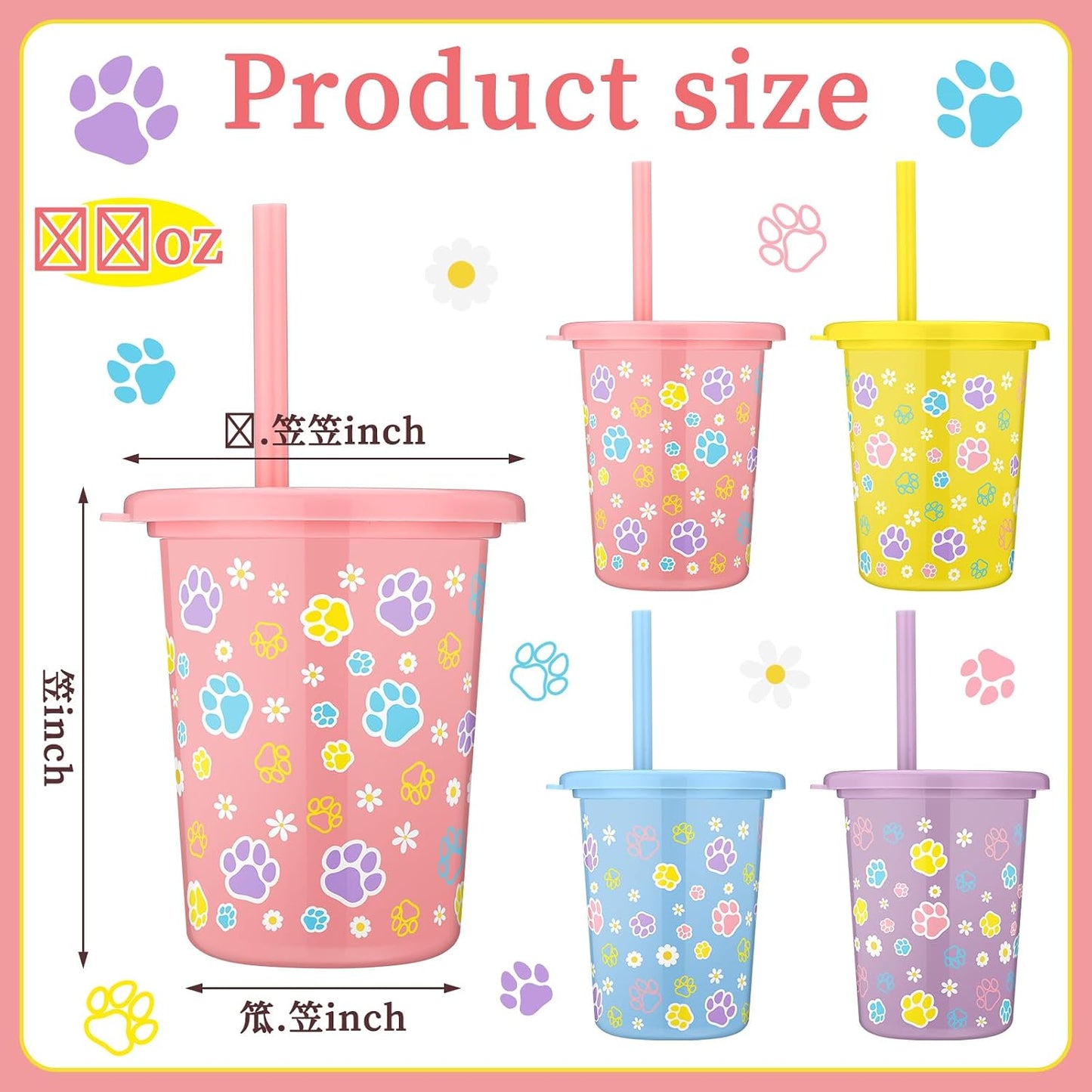 24 Vasos Plástico Azul con Pata Perro Tapas Pajitas 16oz