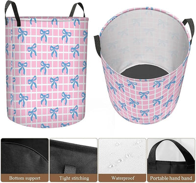 Cesta ropa sucia lazo azul a cuadros rosa grande
