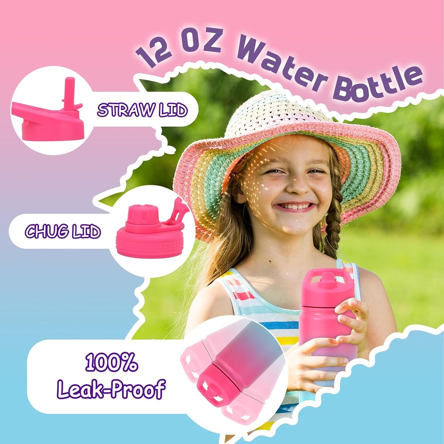 Botella agua acero inox 12oz para niños con popote