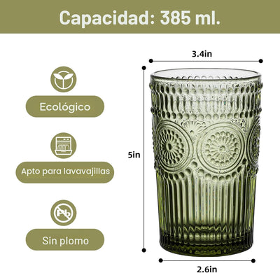 6 Vases Cristal Vintage Diseño Flores Verdes Rayas Relieve