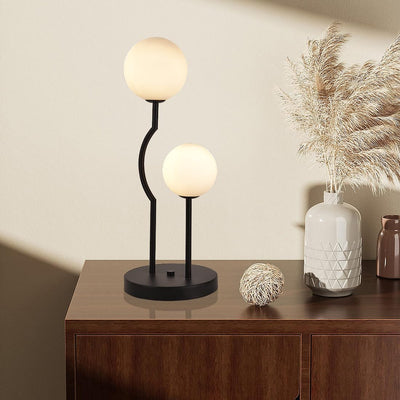 Lámpara mesa retro 2 luces globo vidrio blanco
