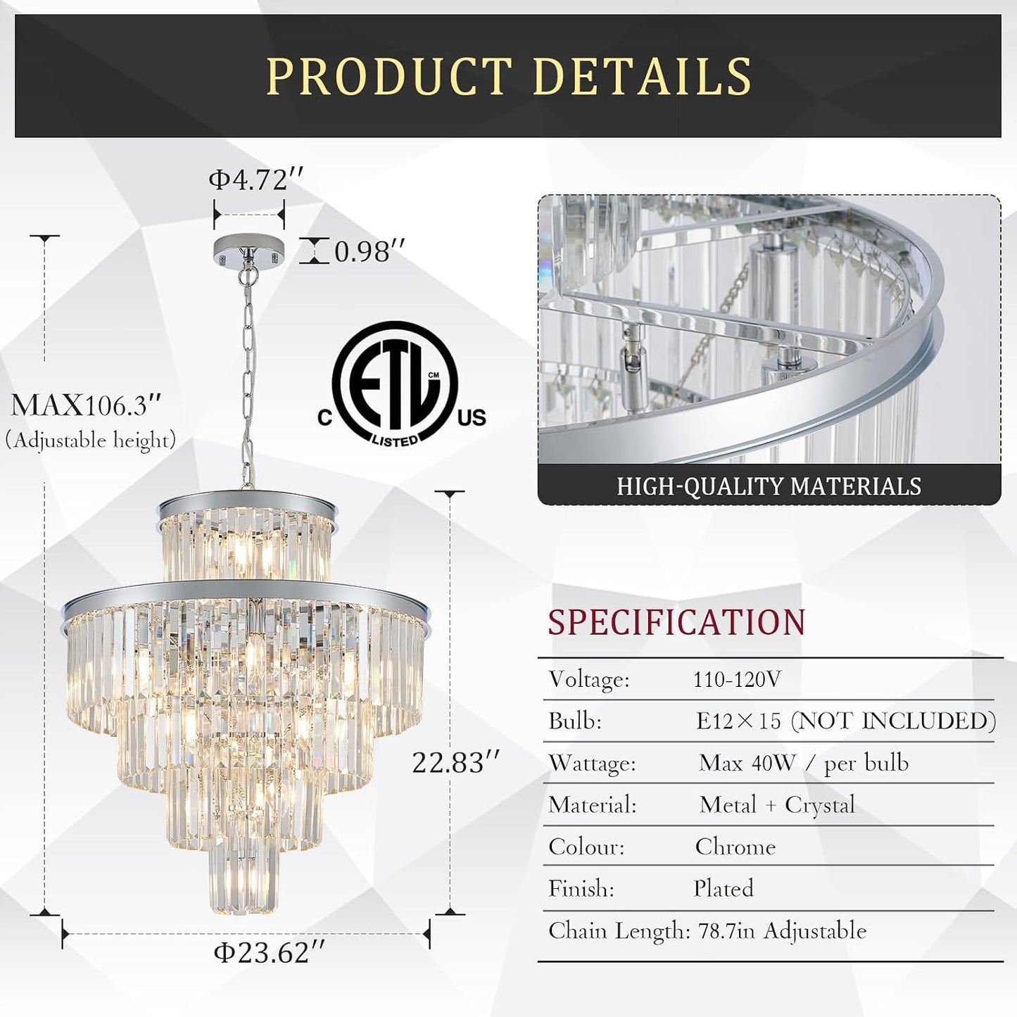 Candelabro moderno de cristal K9 con 15 luces 24pulg