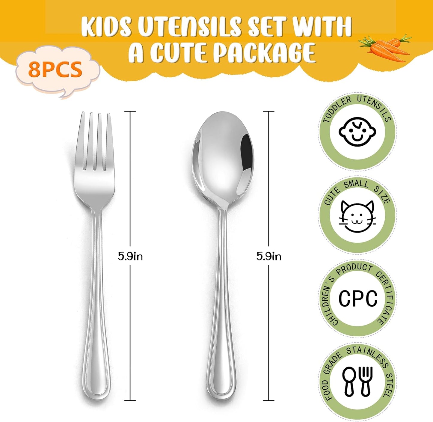 Set 8 Pzas Cubiertos Niños Acero Inox 4 Cucharas 4 Tenedores