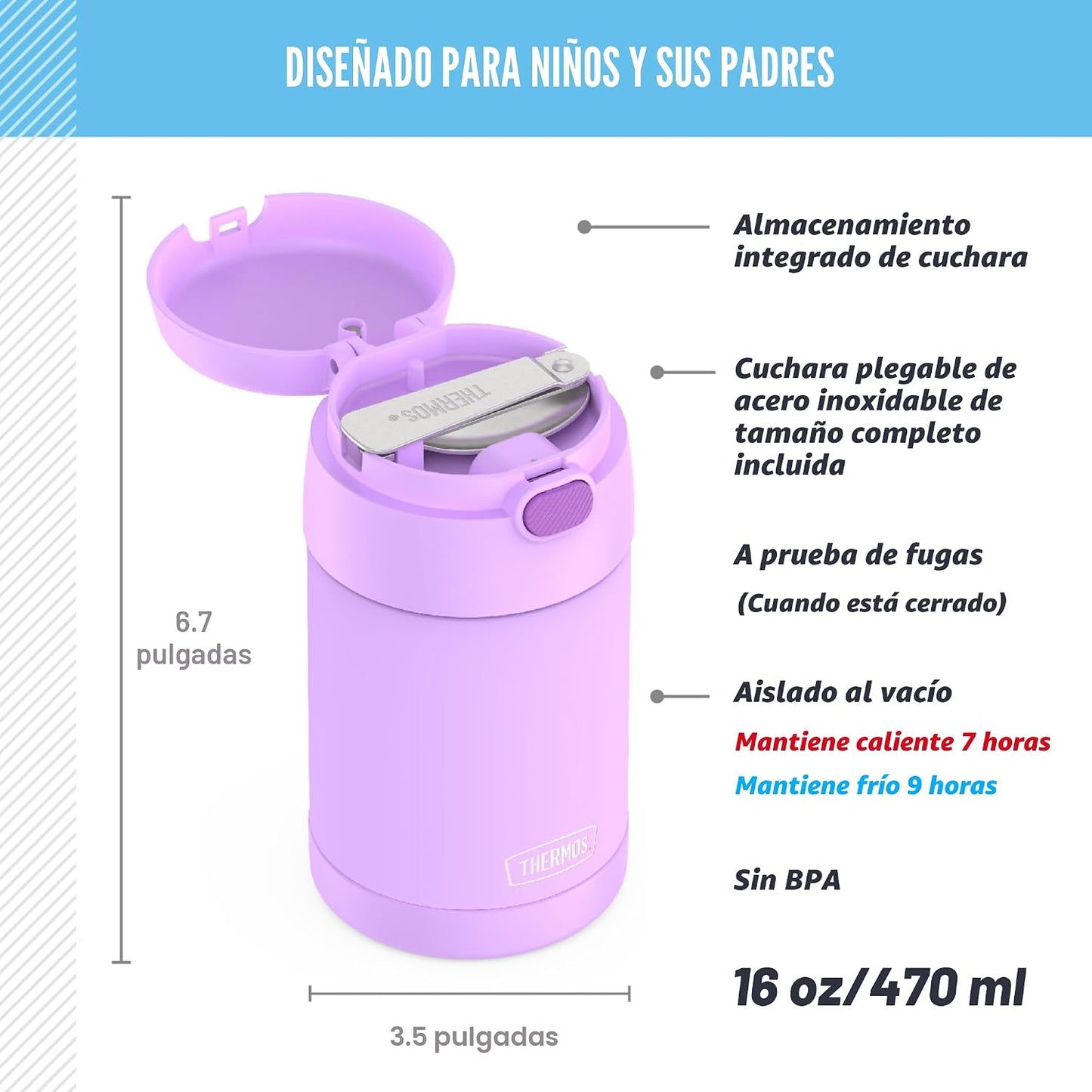 Tarro alimento acero inox 16oz con cuchara plegable morado
