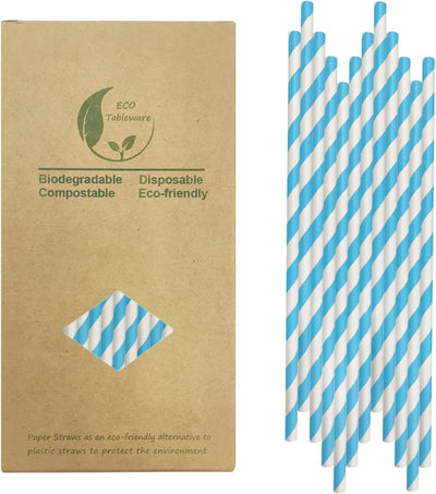 Pajitas papel azul claro y blanco 100uds 7.75pulg ecológicas rayas