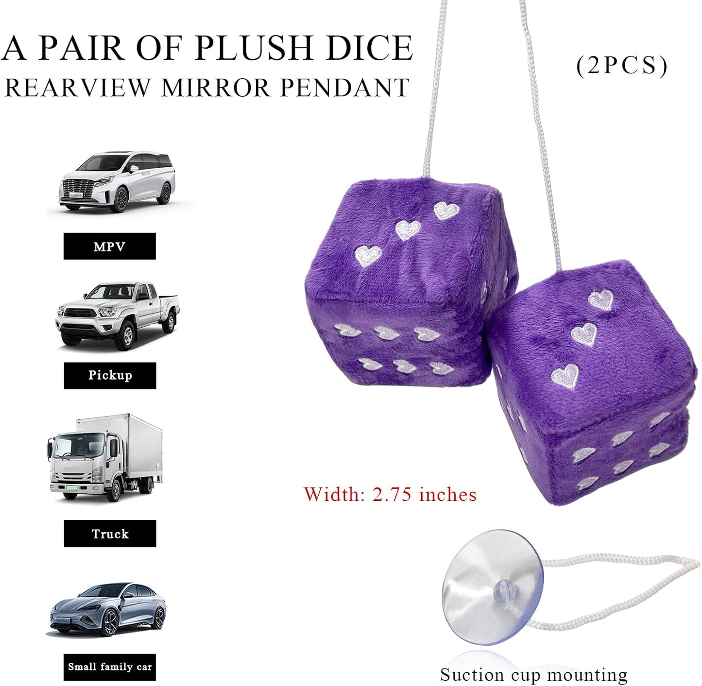2 Pzas Dados Felpa para Espejo Retrovisor 3pulg Corazón